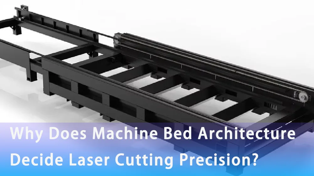 Wide-angle view of an industrial fiber laser cutting machine's heavy welded steel bed structure in a manufacturing workshop