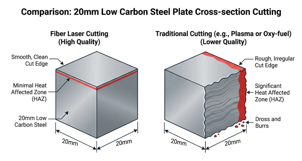Side-by-side comparison of fiber laser cut edge versus plasma cut edge on 20mm mild steel plate showing surface quality difference