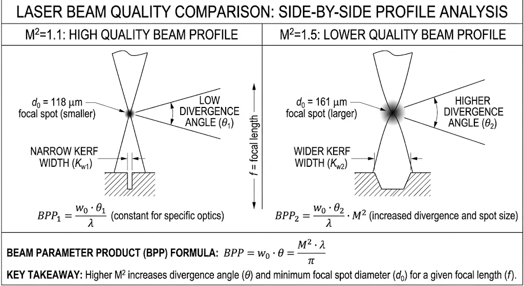 Technical diagram comparing focused spot sizes between M²=1.1 and M²=1.5 laser beams, illustrating beam quality factor impact on micro-precision fiber laser cutting kerf width