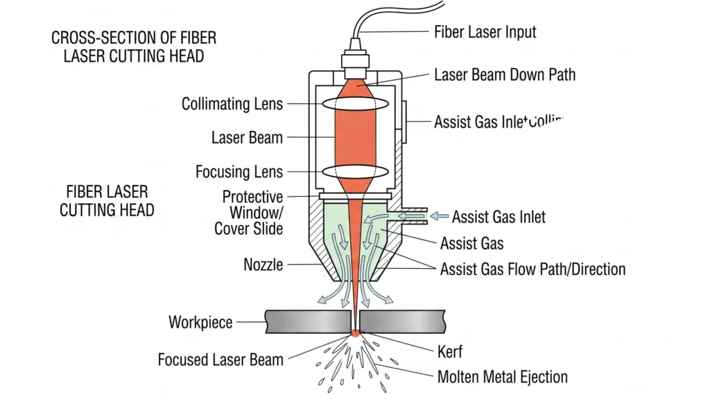 Technical infographic showing laser beam generation, fiber delivery, focusing lens, melt-and-blow process with assist gas, and CNC motion system