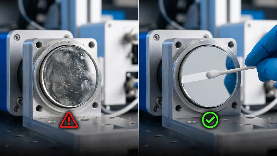 Side-by-side comparison chart showing incorrect circular wiping versus correct single-direction wiping for laser head mirrors