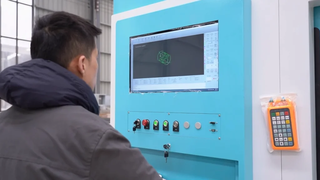 Factory engineer analyzing laser versus plasma cutting ROI data and production metrics on large display screens in modern control room
