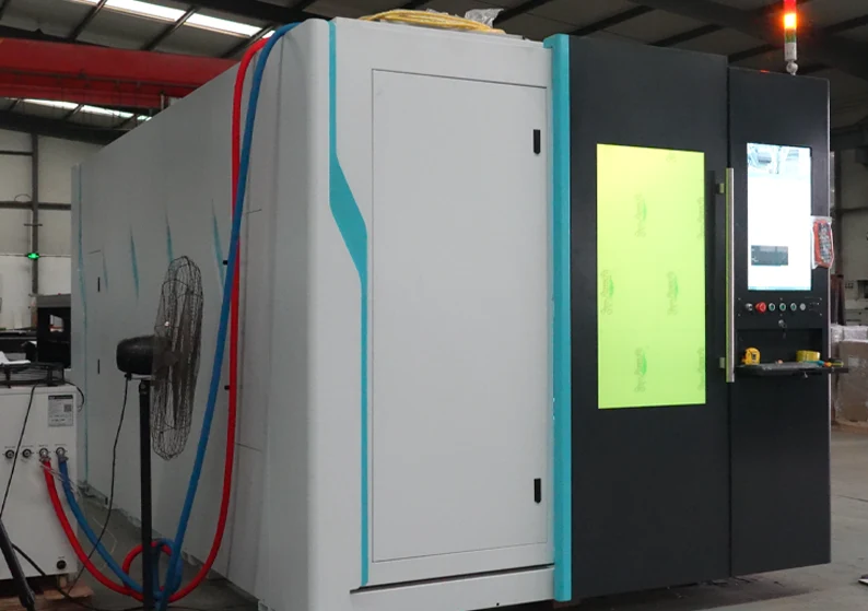 Modern high-tech manufacturing facility with multiple micro-precision fiber laser cutting workstations operating in parallel, showing automated material handling and real-time monitoring dashboards