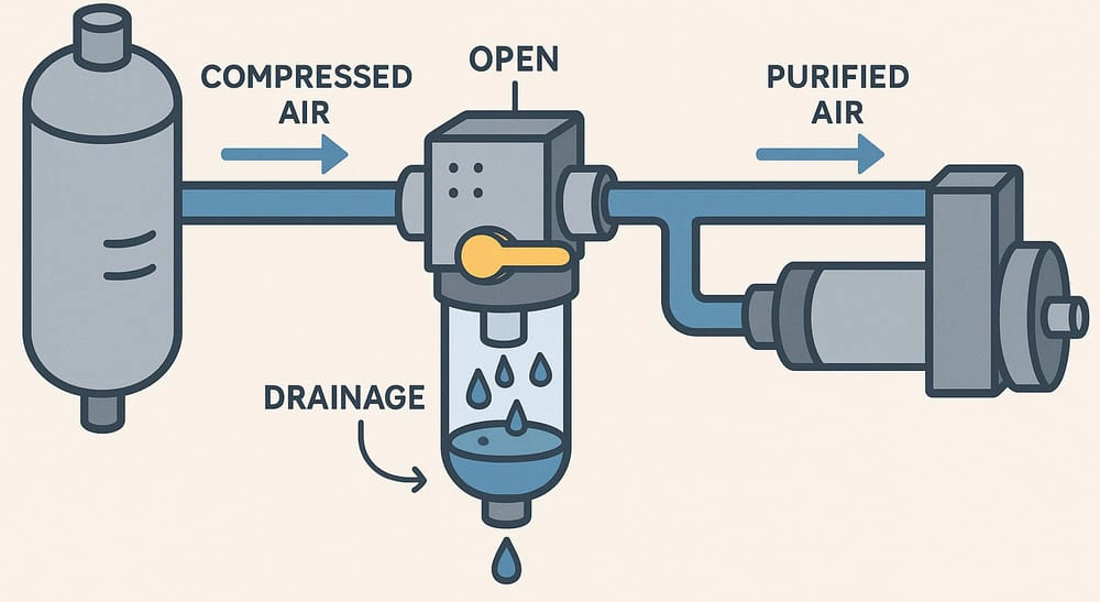 Drain valve on a multi-stage compressed air filter for laser cutting