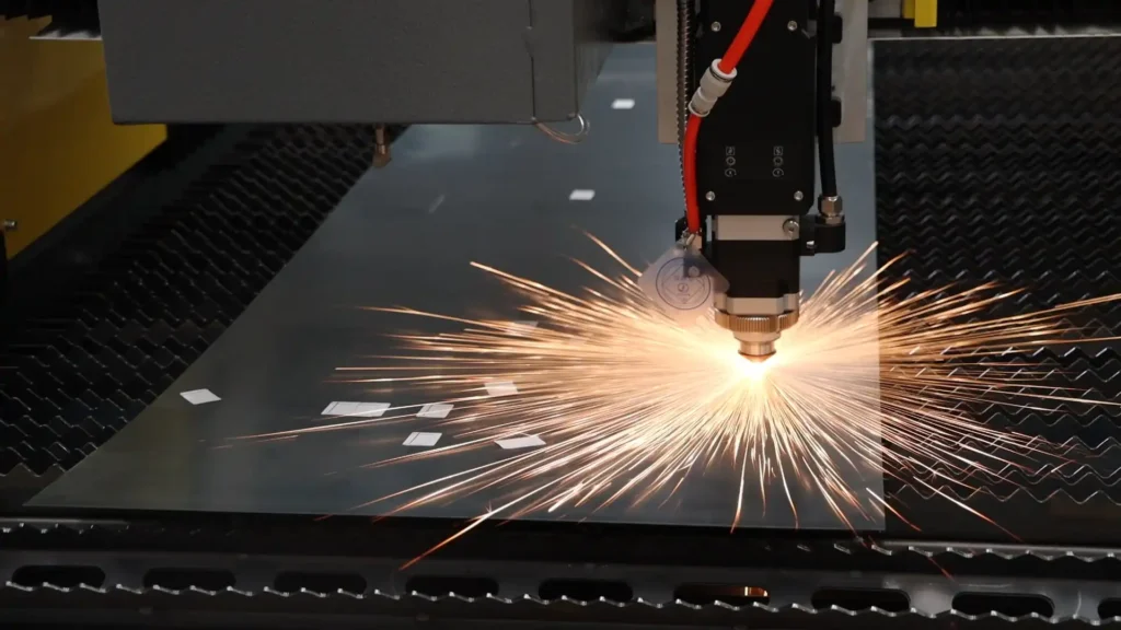 High-power fiber laser cutting head slicing through thick carbon steel plate with assist gas sparks