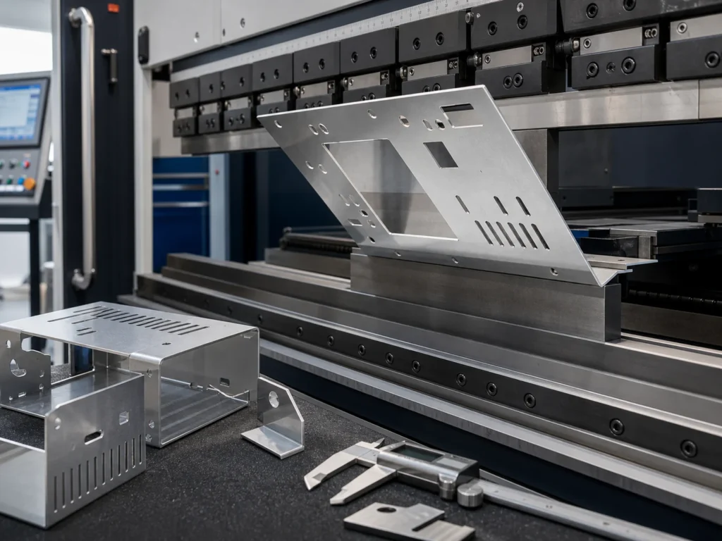 Freshly cut sheet metal parts on a shop cart transferred directly from laser cutter to press brake