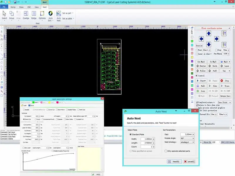 CNC software nesting layout showing cutting time and gas consumption for hourly cost calculation