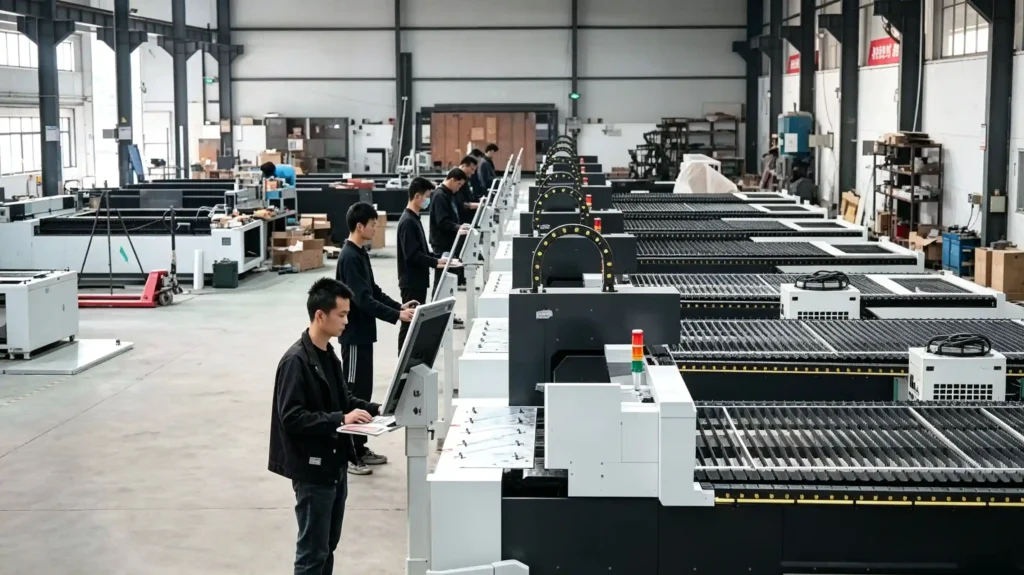 Fiber laser cutting machine in a busy industrial job shop