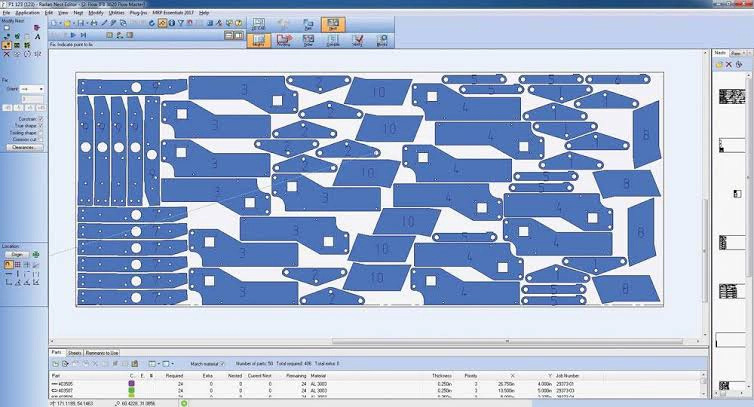 Nesting software screen displaying dense laser cutting parts layout on a standard sheet