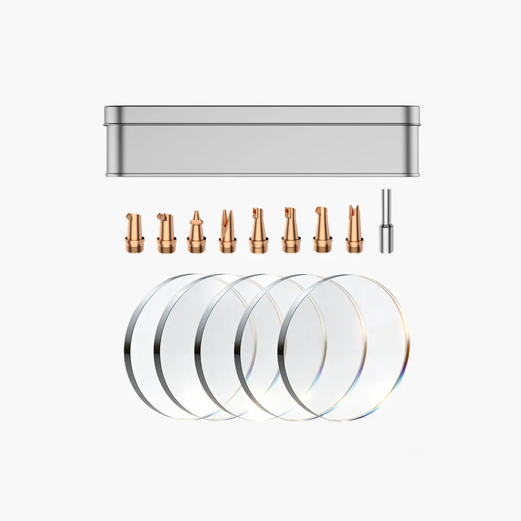 laser cutting consumables kit featuring precision copper nozzles and quartz protective windows