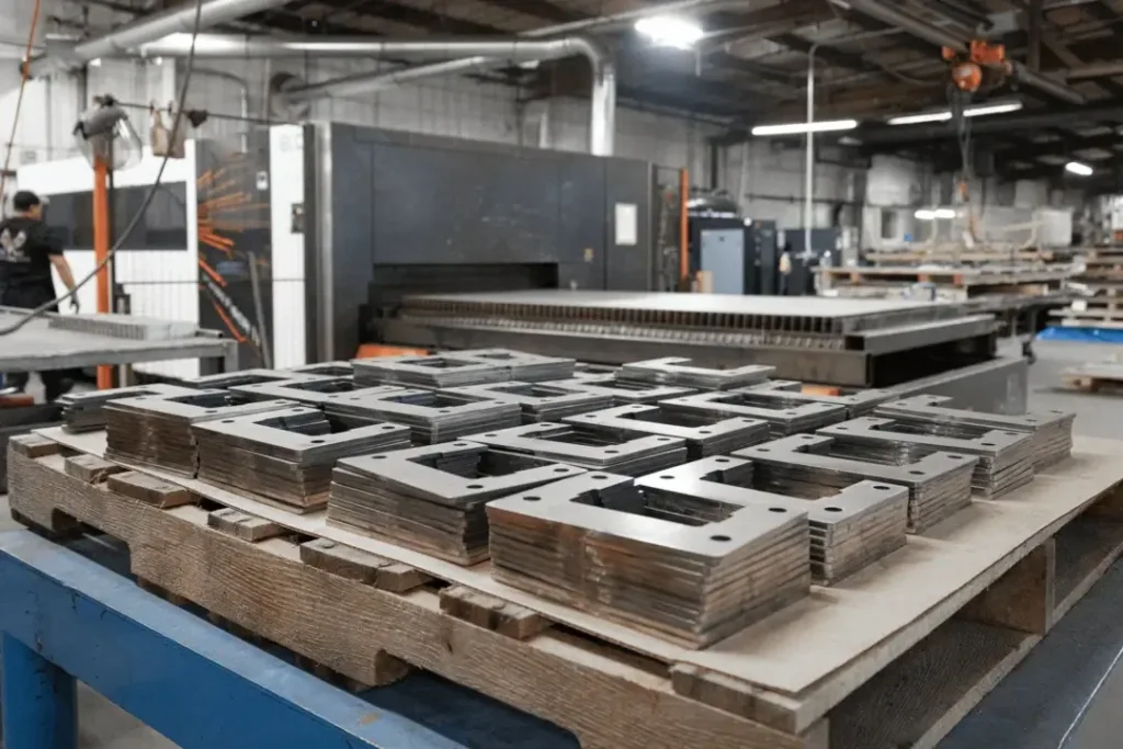 Raw steel sheets stacked beside finished laser-cut parts in a job shop