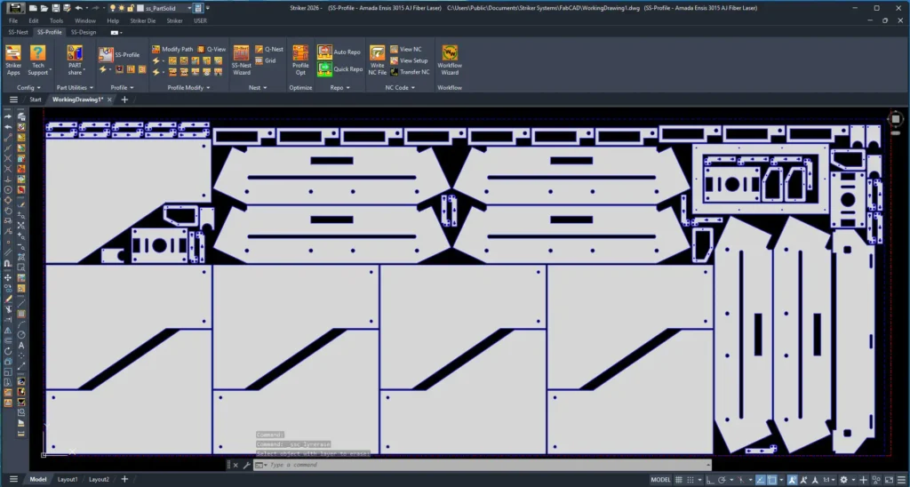 Sheet metal nesting software interface showing optimized part layout for laser cutting