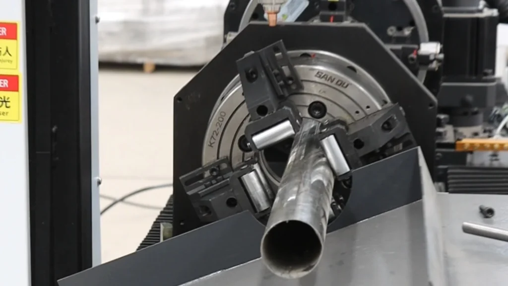 Tube laser cutting machine cutting round steel tube in a fabrication workshop