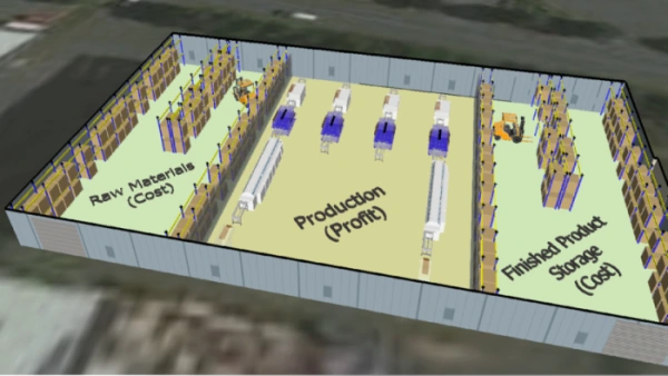 3D workshop layout diagram showing raw material staging, bundle loader footprint, and material flow aisles for tube laser cutting