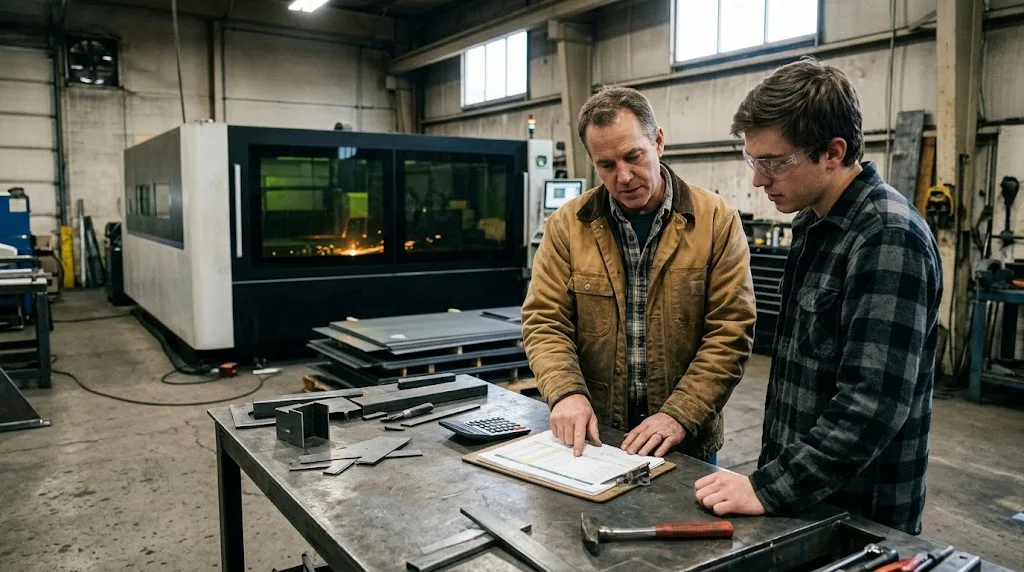Fabrication shop manager reviewing lease financing cash flow models on a steel workbench