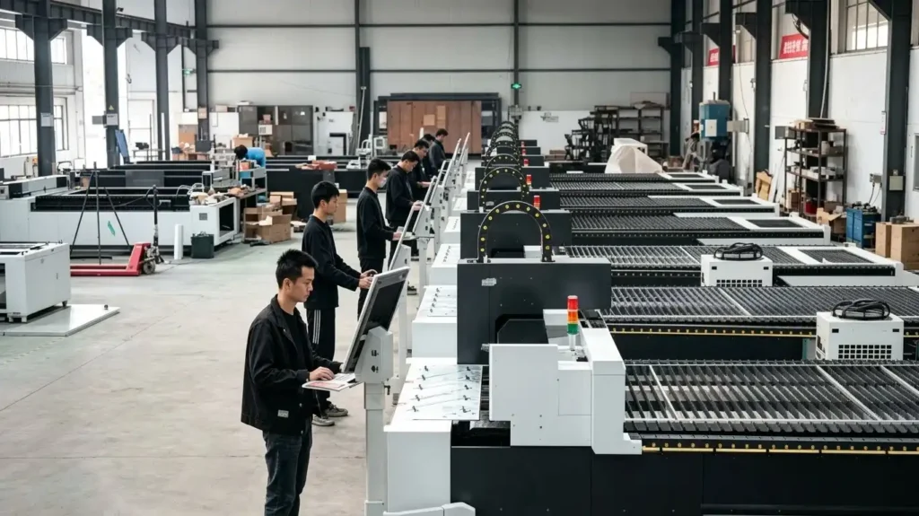 Multiple high power fiber laser cutting machines operating concurrently in heavy fabrication plant