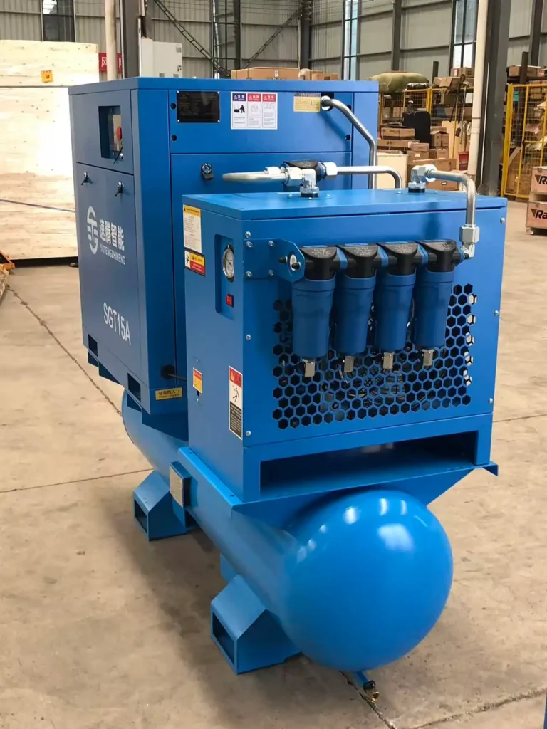Integrated high-pressure screw air compressor and refrigerated dryer package installed in a laser cutting shop