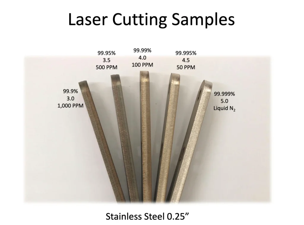 Stainless steel laser cut edge physical samples comparing 99.5% to 99.999% nitrogen purity and residual oxygen ppm discoloration