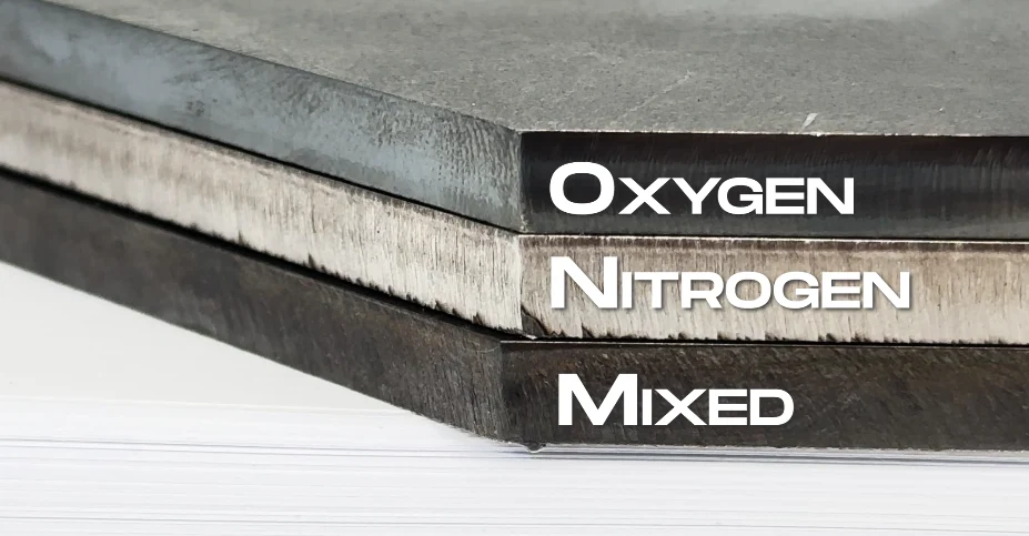 Side-by-side comparison of oxygen-cut carbon steel showing oxide scale versus clean nitrogen-cut stainless edge