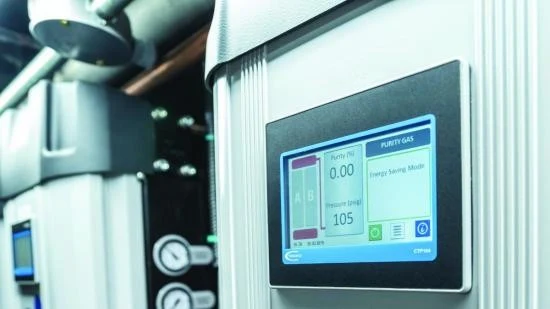 Digital PLC touchscreen control panel monitoring nitrogen purity, system pressure, and flow rate on a PSA generator