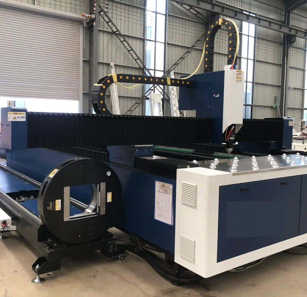 sheet and tube laser cutting machine with dual plate bed and rotary chuck in industrial job shop